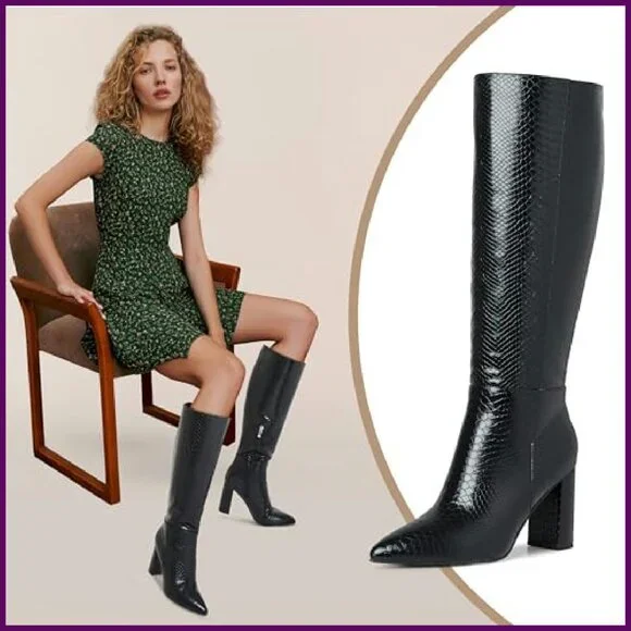 Knee High Boots Chunky Heel Slip On PU Leather Size 10 Fashion
